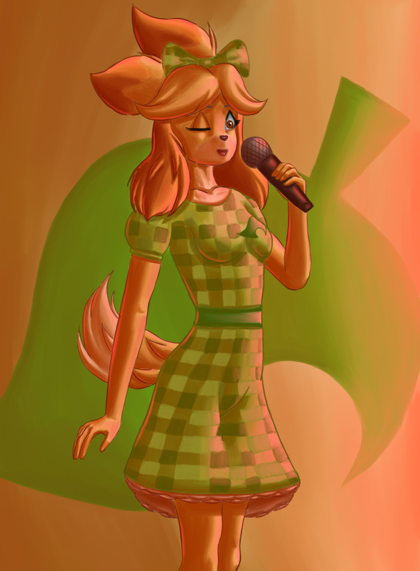 2022 absurd_res animal_crossing anthro breasts brown_eyes brown_nose canid canine canis checkered_clothing clothed clothing curvy_figure demongirl_demoness digital_drawing_(artwork) digital_media_(artwork) domestic_dog dress female fingers floppy_ears fur green_clothing green_dress green_ribbon happy hi_res holding_microphone holding_object isabelle_(animal_crossing) mammal microphone multicolored_body multicolored_fur nintendo one_eye_closed open_mouth orange_body orange_ears orange_fur pattern_clothing pink_tongue portrait ribbons shih_tzu simple_background singing small_breasts solo standing three-quarter_portrait tongue toy_dog video_games white_body white_fur yellow_body yellow_fur