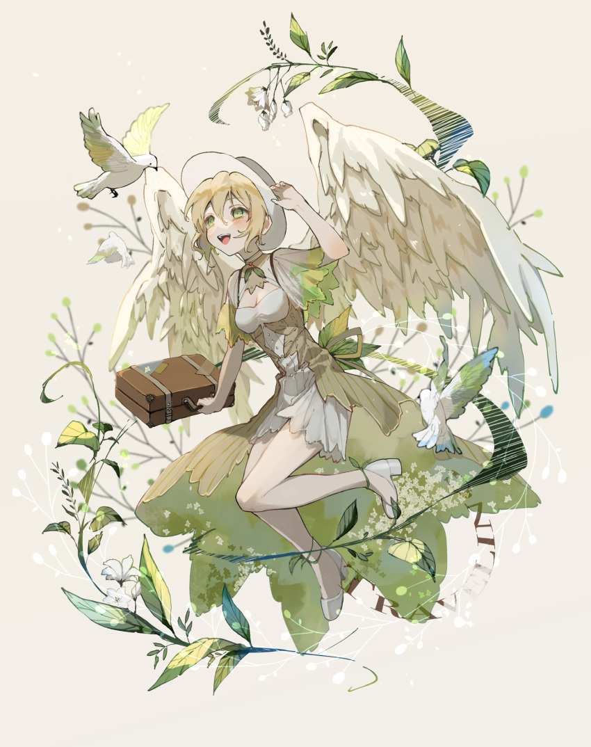 1girl animal arm_at_side arm_up bangs beige_background bird blonde_hair blush breasts choker cleavage cleavage_cutout clothing_cutout commentary_request dress eyebrows_visible_through_hair floating flower green_eyes green_ribbon hair_between_eyes hana_(h6n6_matsu) hand_on_headwear hat high_heels highres holding holding_suitcase leaf leg_up looking_away looking_up open_mouth original plant ribbon short_hair simple_background small_breasts smile solo suitcase white_dress white_flower white_footwear white_headwear wings