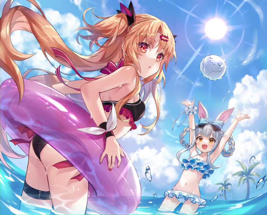 2girls :d animal_ears armpits arms_up ass bikini black_bikini blonde_hair blue_bow blue_hair blue_sky bow breasts character_request cloud collarbone cowboy_shot day eyebrows_visible_through_hair floating_hair frilled_bikini frills groin hair_bow hair_intakes highres iku2727 innertube long_hair multiple_girls navel ocean open_mouth outdoors palm_tree rabbit_ears red_bow red_eyes side-tie_bikini sky small_breasts smile standing summer sun swimsuit thigh_strap tied_hair tree twintails very_long_hair wading white_bikini yellow_eyes