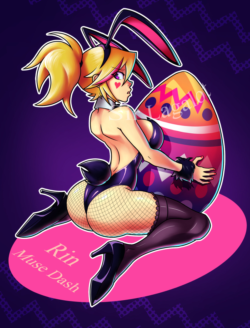 animal_ears ass back boots breasts easter eyebrows_visible_through_hair fishnet_legwear fishnets from_behind heart high_heels highres kneeling large_breasts looking_at_viewer looking_back multicolored_hair muse_dash open_mouth orange_hair pink_hair playboy_bunny ponytail purple_eye rabbit_ears rabbit_tail rin_(muse_dash) short_hair sideboob sirlagalot sitting spread_legs streaked_hair tail thigh_boots thighhighs thighs