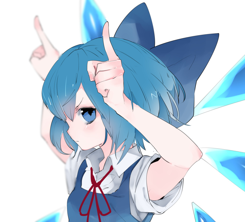 1girl blue_bow blue_dress blue_eyes blue_hair bow cirno dress ice ice_wings ikurauni looking_at_viewer red_ribbon ribbon short_hair solo touhou wings