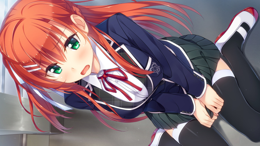 1girl amakusa_tobari bangs between_legs black_legwear blue_jacket blush breasts collared_shirt dress_shirt dutch_angle eyebrows_visible_through_hair game_cg green_eyes green_skirt hair_between_eyes hair_ornament hair_ribbon hairclip hand_between_legs ichinose_minato jacket long_hair long_sleeves medium_breasts miniskirt neck_ribbon omokage_~ecchi_na_happening!?_nandemo_dontokoi!~ open_mouth orange_hair pleated_skirt red_ribbon ribbon school_uniform shiny shiny_hair shirt sitting skirt skirt_tug solo thighhighs very_long_hair wariza wavy_mouth white_footwear white_ribbon white_shirt wing_collar zettai_ryouiki