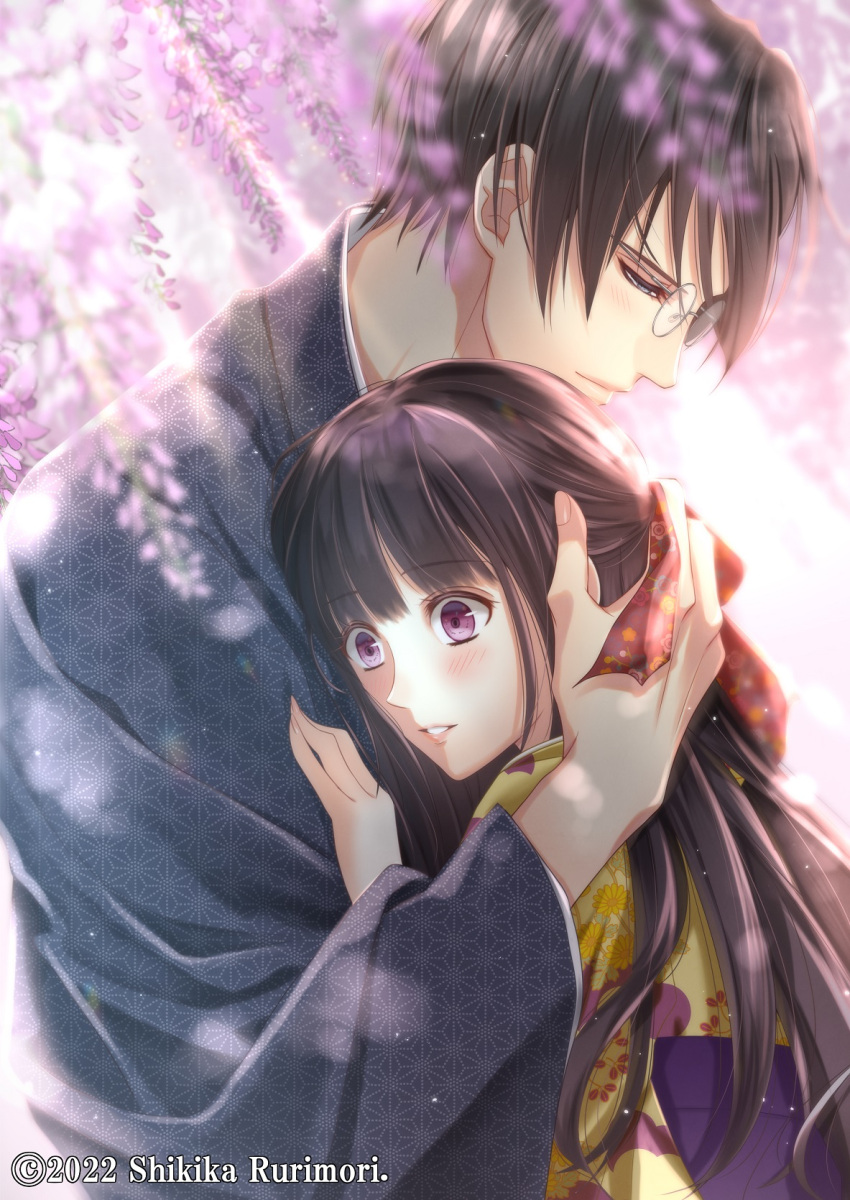 1boy 1girl artist_name blurry blurry_foreground bow brown_hair couple dated flower glasses hair_bow hetero highres hug izumi_(stardustalone) japanese_clothes kimono purple_eyes renri_no_chigiri_wo_kimi_to_shiru watermark wisteria