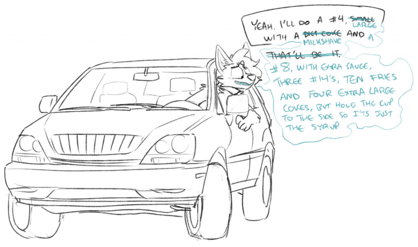 2021 anthro black_and_white canid canine canis car coyote dialogue digital_media_(artwork) inner_ear_fluff leaning male mammal monochrome possession rain_(vanillayote) shocked simple_background small_waist story story_in_description tuft vanillayote vehicle worried