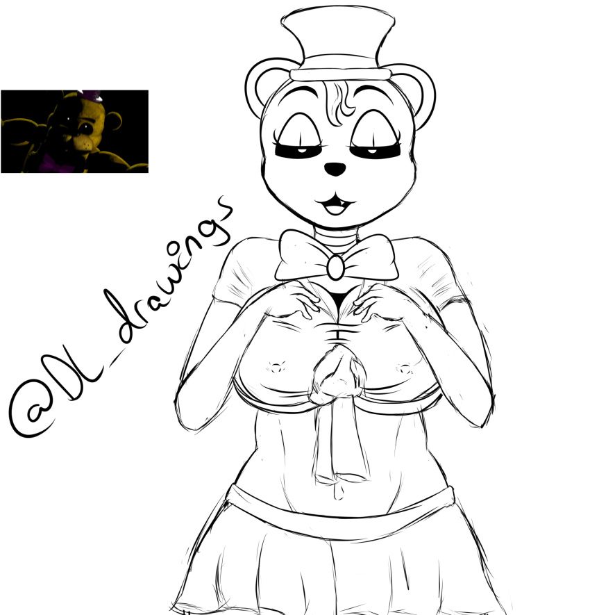 animatronic anthro bottomwear bow_tie breasts clothed clothing crossgender desesperadoleon eyebrows eyelashes fangs female five_nights_at_freddy's five_nights_at_freddy's_4 fredbear_(fnaf) hair hat headgear headwear hi_res looking_at_viewer machine mammal nipples open_mouth pupils robot scottgames short_hair skirt smile solo teeth tight_clothing tongue top_hat ursid ursine video_games