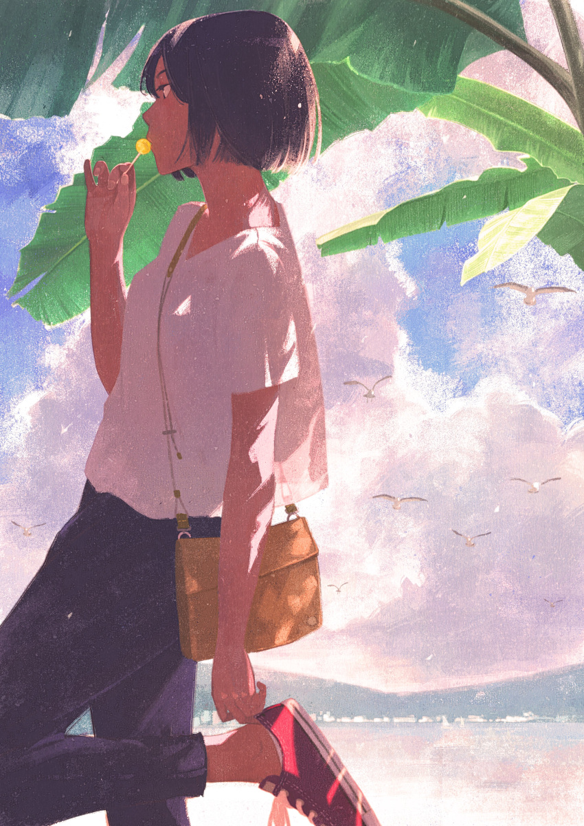 1girl absurdres bag bird black_hair black_pants candy cloud cumulonimbus_cloud dappled_sunlight day food gemi handbag highres lollipop original outdoors pants profile seagull shirt shoes short_hair sneakers solo standing summer sunlight white_shirt