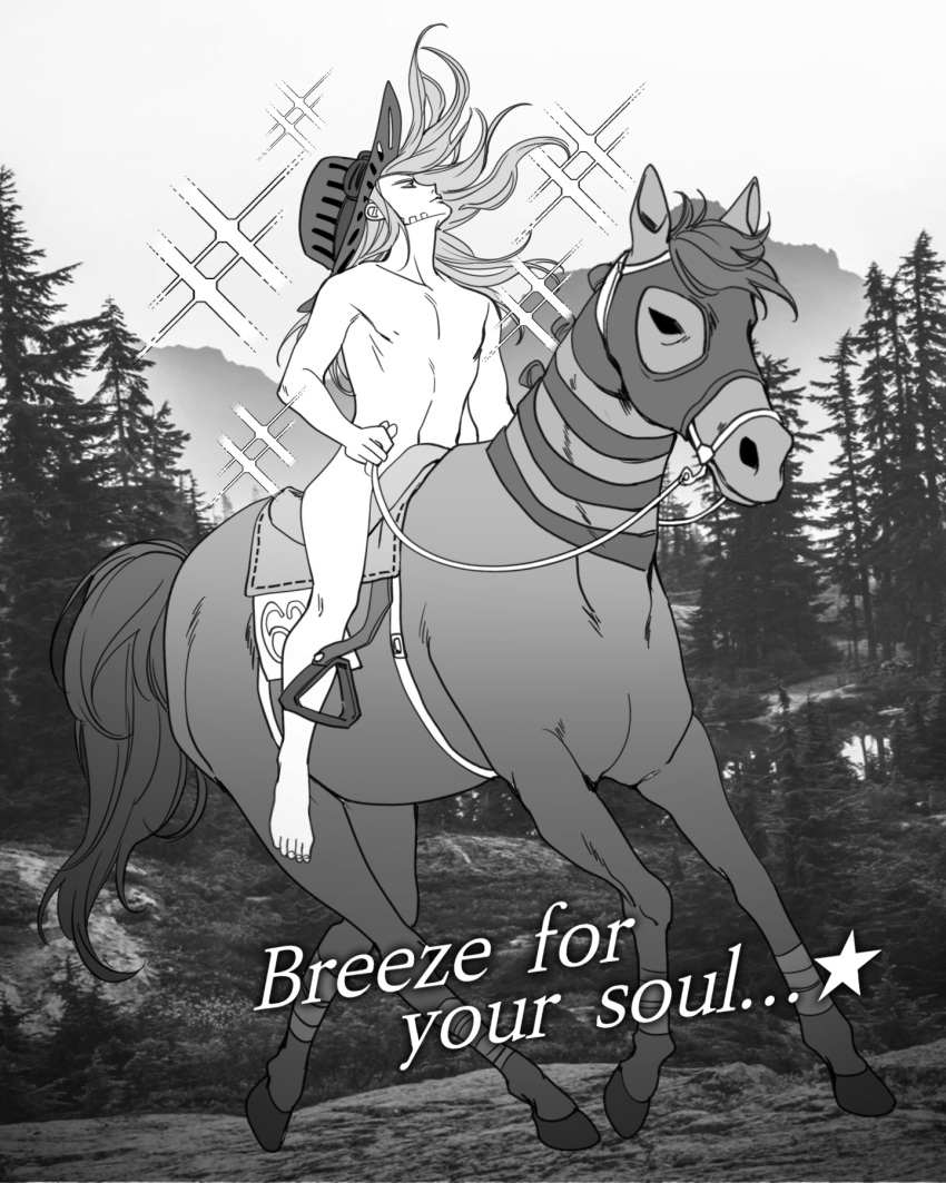 1boy beard facial_hair floating_hair forest greyscale gyro_zeppeli hat highres horseback_riding jazz_for_your_soul_(meme) jojo_no_kimyou_na_bouken long_hair meme monochrome nature nude parody photo_background riding sempon_(doppio_note) solo sparkle steel_ball_run valkyrie_(jojo)