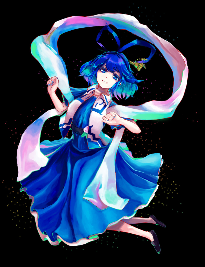 1girl bangs belt black_background black_footwear blue_dress blue_eyes blue_hair blue_nails breasts dress eyebrows_behind_hair flower full_body furukawa_yuichi hagoromo hair_ornament hair_rings hair_stick hand_up highres iridescent kaku_seiga light_particles light_smile looking_at_viewer medium_breasts medium_hair nail_polish open_clothes open_vest parted_lips pink_flower shawl simple_background solo swept_bangs teeth touhou vest white_vest