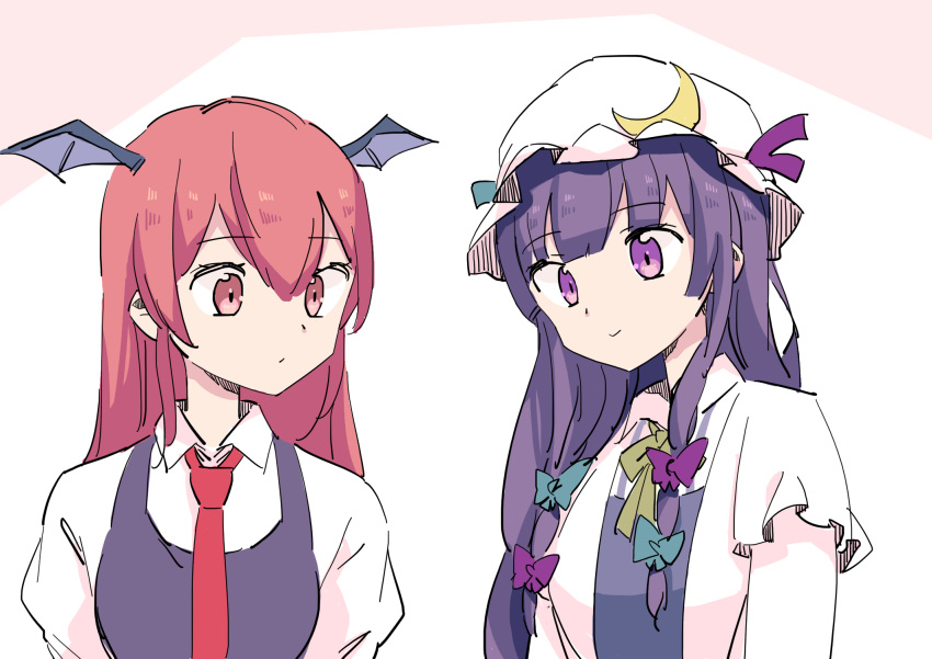 2girls :&gt; :/ akuma bangs black_vest blue_bow blunt_bangs bow closed_mouth crescent crescent_hat_ornament eyebrows_visible_through_hair hair_between_eyes hair_bow hair_ribbon hat hat_ornament head_wings highres juliet_sleeves koakuma light_smile long_hair long_sleeves looking_at_another mob_cap multi-tied_hair multiple_girls necktie patchouli_knowledge puffy_sleeves purple_bow purple_eyes purple_hair red_eyes red_hair red_necktie ribbon simple_background touhou tress_ribbon upper_body vest white_background white_headwear wing_collar