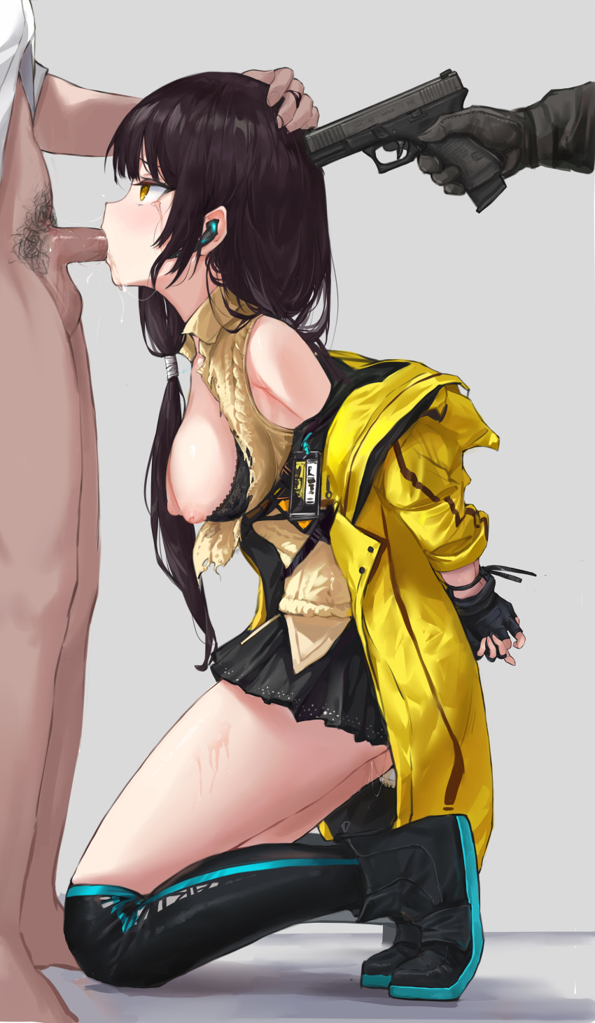 1girl absurdres bare_shoulders black_hair black_skirt blush brown_sweater_vest commission eyebrows_visible_through_hair from_side full_body girls'_frontline gun_to_head highres jacket kneeling long_hair mod3_(girls'_frontline) multicolored_hair open_mouth party_source restrained ro635_(girls'_frontline) sawkm second-party_source simple_background skirt solo_focus sweater_vest torn_clothes yellow_eyes yellow_jacket