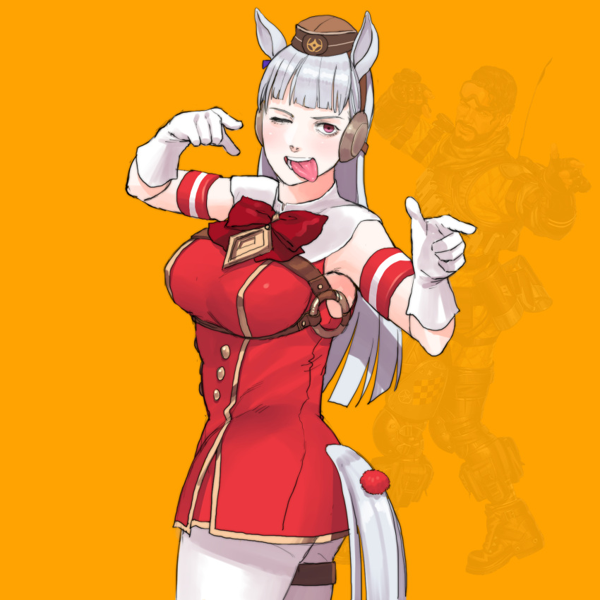 1boy 1girl animal_ears apex_legends arm_strap ass bow breast_strap breasts brown_headwear finger_gun gloves gold_ship_(umamusume) highres horse_ears horse_girl horse_tail jacket medium_breasts mirage_(apex_legends) one_eye_closed ookubo_menma pantyhose parody pointing projected_inset purple_eyes red_bow red_jacket silver_hair solo_focus tail thigh_strap tongue tongue_out twisted_torso umamusume v-shaped_eyebrows white_gloves white_legwear yellow_background