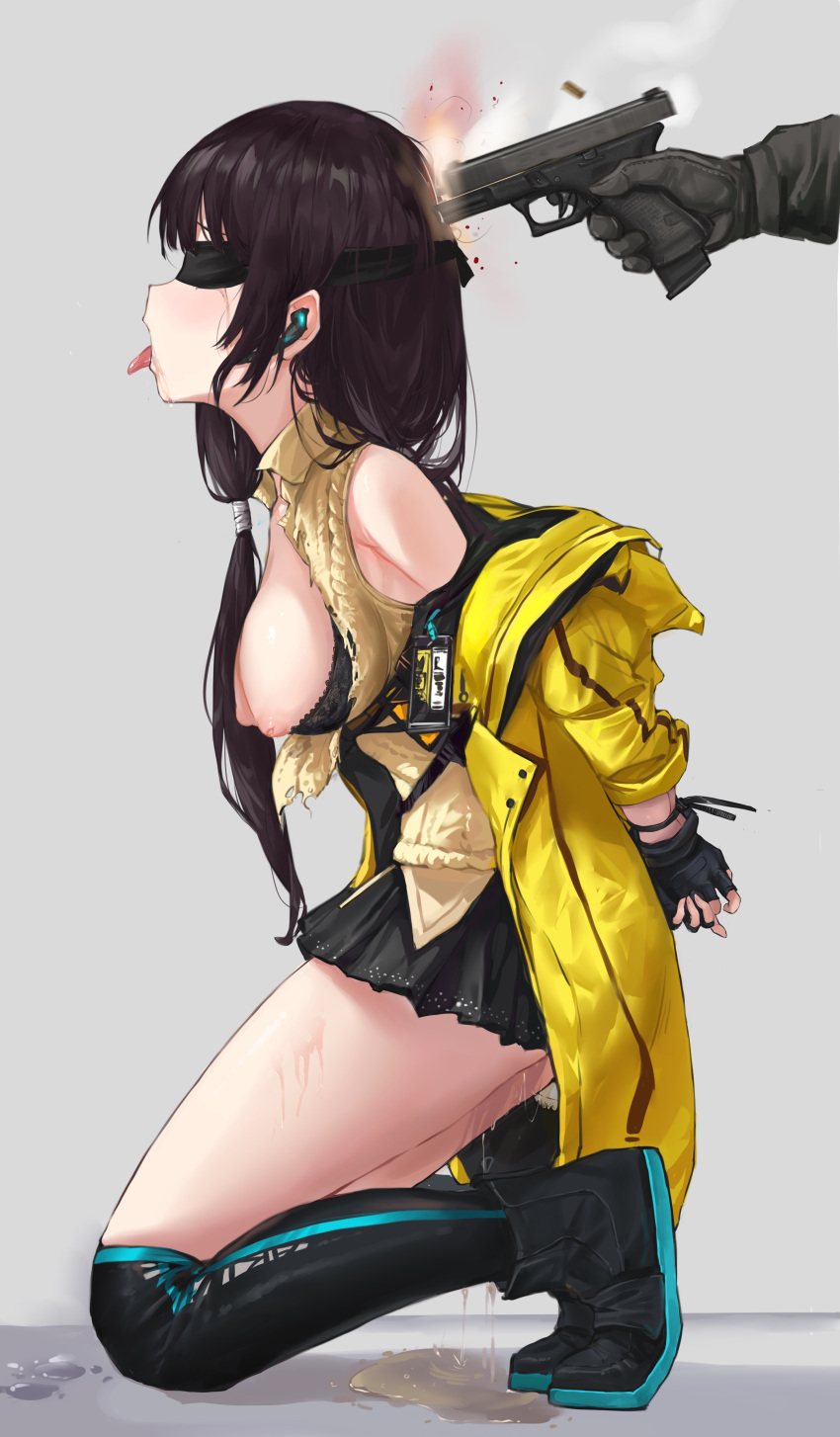 1girl absurdres bare_shoulders black_hair black_skirt blush brown_sweater_vest commission death execution eyebrows_visible_through_hair from_side full_body girls'_frontline guro highres jacket kneeling long_hair mod3_(girls'_frontline) multicolored_hair open_mouth restrained ro635_(girls'_frontline) sawkm second-party_source simple_background skirt solo sweater_vest torn_clothes yellow_eyes yellow_jacket