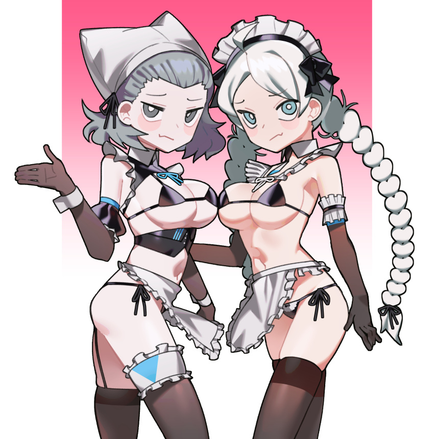 2girls absurdres ahoge alternate_costume apron bare_shoulders bikini black_legwear blue_eyes braid breast_press breasts commission commissioner_upload cosplay cuffs detached_collar elbow_gloves fire_emblem fire_emblem_fates frilled_gloves frills garter_straps gloves grey_eyes grey_hair head_scarf highres looking_at_viewer maid maid_apron maid_bikini maid_headdress medium_breasts medium_hair midriff multiple_girls nina_(fire_emblem) pantyhose saaal653 sophie_(fire_emblem) string_bikini swimsuit thetis_(last_origin) thetis_(last_origin)_(cosplay) thighhighs twin_braids undine_(last_origin) undine_(last_origin)_(cosplay) upper_body waist_apron white_hair