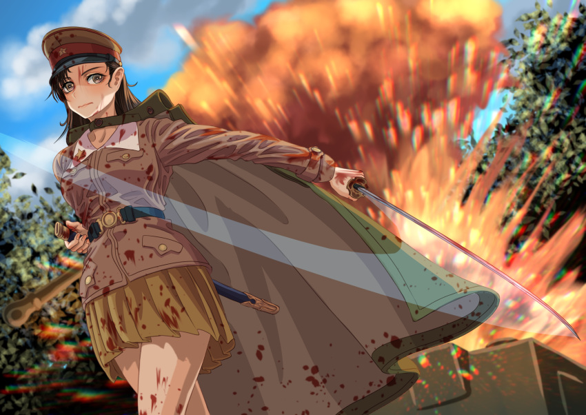 1girl adapted_costume asymmetrical_bangs bangs belt black_belt black_hair blood blue_sky brown_cape brown_eyes brown_headwear brown_jacket cape chi-hatan_military_uniform closed_mouth cloud cloudy_sky commentary_request day dutch_angle explosion frown girls_und_panzer green_cape ground_vehicle hat highres holding holding_sword holding_weapon jacket katana long_hair long_sleeves looking_at_viewer military military_hat military_uniform military_vehicle miniskirt motion_blur motor_vehicle nishi_kinuyo outdoors partial_commentary peaked_cap pleated_skirt scabbard sheath skirt sky solo standing star_(symbol) straight_hair sword tank tigern_(tigern28502735) tree two-sided_cape two-sided_fabric uniform unsheathed weapon yellow_skirt