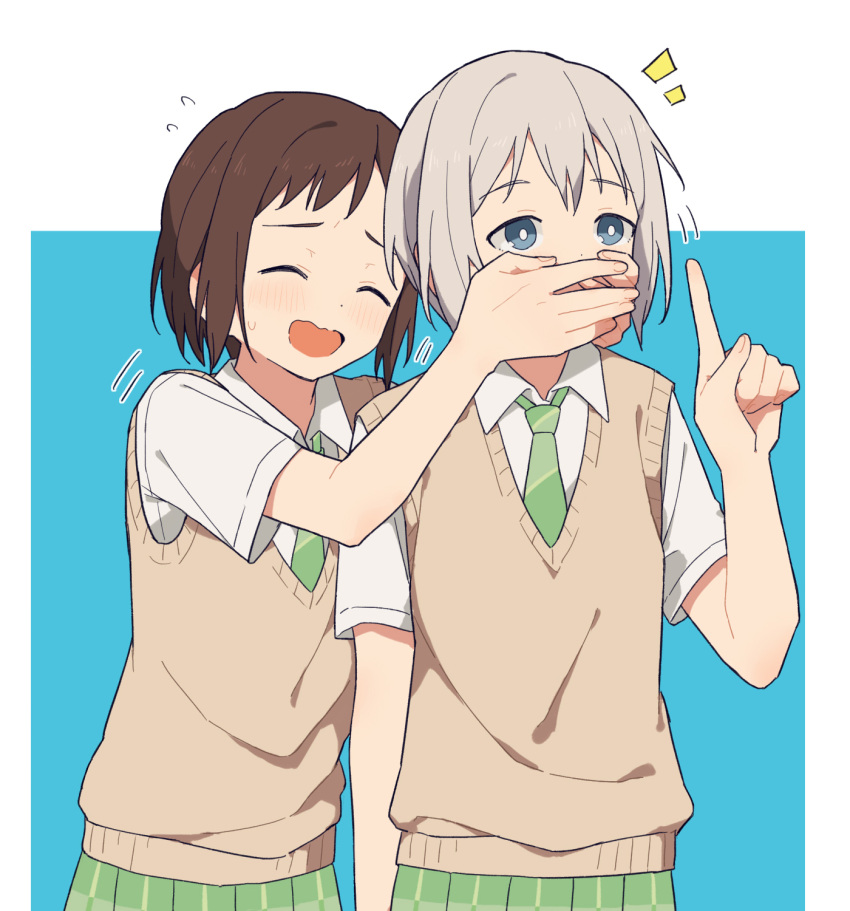 2girls aoba_moca bang_dream! bangs blue_background blue_eyes blush border bright_pupils brown_hair closed_eyes coldcat. commentary covering_another's_mouth green_necktie green_skirt grey_hair haneoka_school_uniform hazawa_tsugumi highres multiple_girls necktie nervous open_mouth parted_bangs plaid plaid_skirt pleated_skirt pointing pointing_up school_uniform short_hair short_sleeves simple_background skirt sweater_vest upper_body white_pupils yellow_sweater_vest