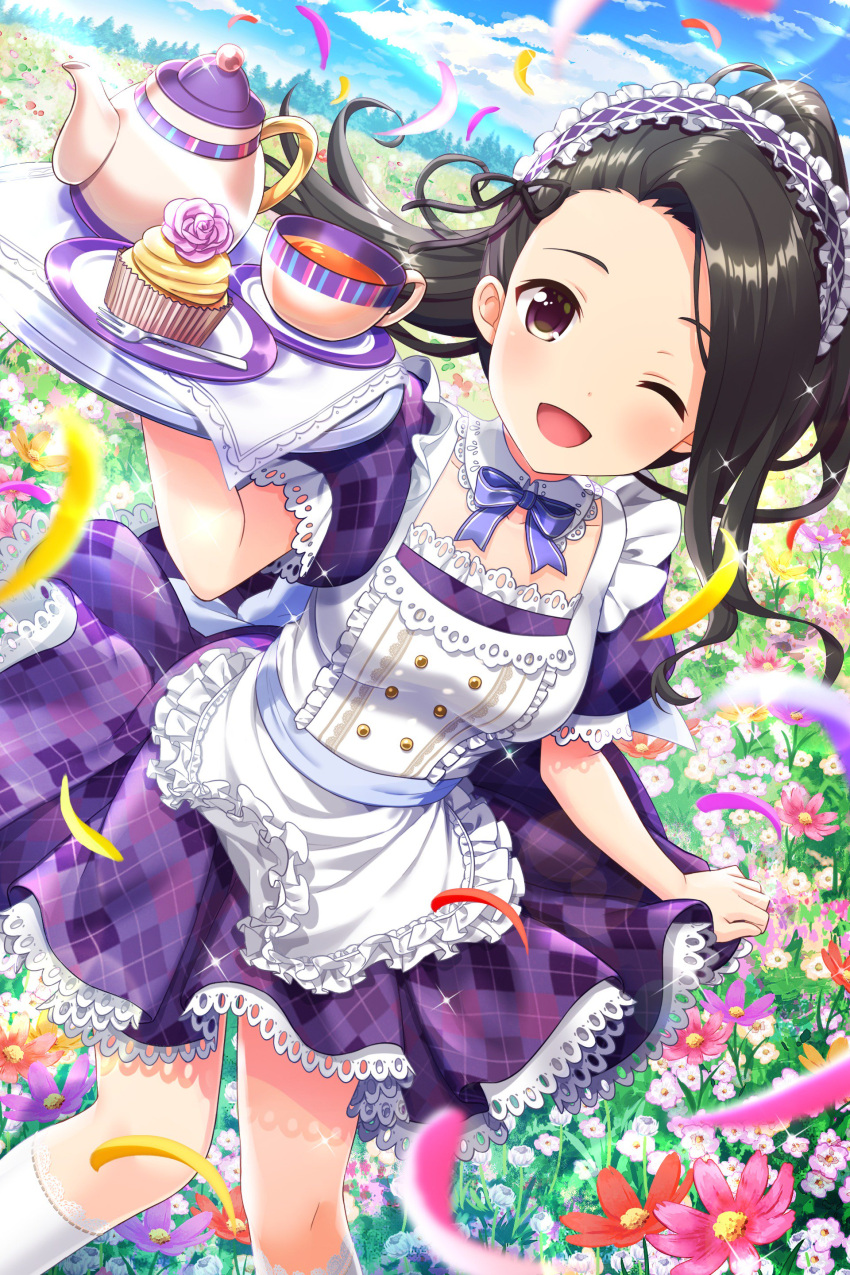 1girl absurdres alternative_girls apron black_hair dress field flower flower_field highres holding holding_plate long_hair looking_at_viewer maid maid_headdress official_art one_eye_closed open_mouth outdoors petals plate ponytail purple_dress purple_eyes saionji_rei smile solo teapot white_apron