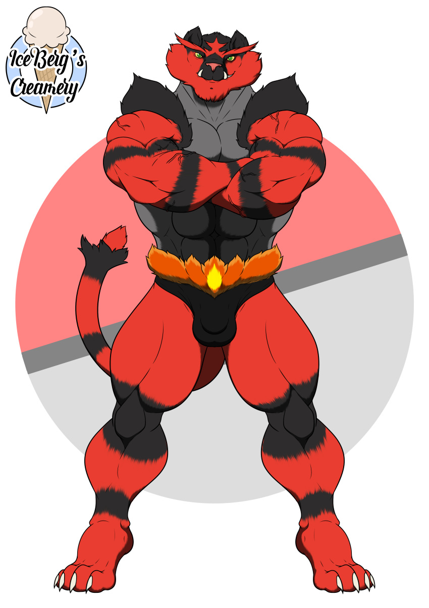 1ceberg absurd_res anthro bulge claws clothed clothing crossed_arms fangs felid hi_res incineroar looking_at_viewer male mammal muscular muscular_male nintendo partially_clothed pecs pok&eacute;mon pok&eacute;mon_(species) red_body smile smirk solo spread_legs spreading standing underwear video_games