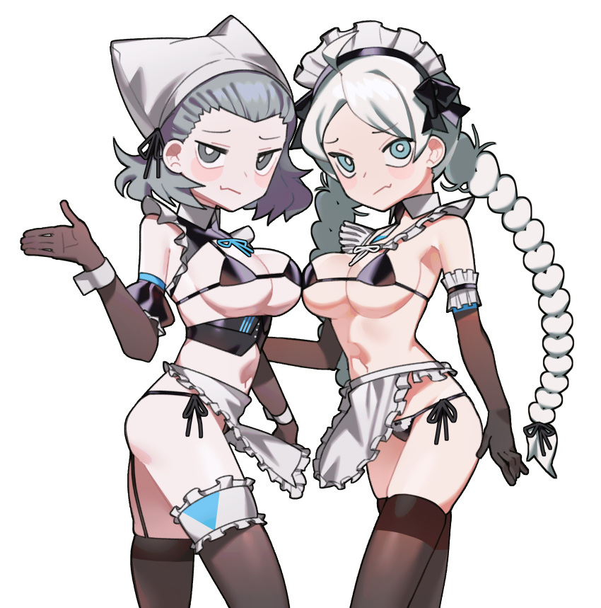 2girls absurdres ahoge alternate_costume apron bare_shoulders bikini black_legwear blue_eyes braid breast_press breasts commission commissioner_upload cosplay cuffs detached_collar elbow_gloves fire_emblem fire_emblem_fates frilled_gloves frills garter_straps gloves grey_eyes grey_hair head_scarf highres looking_at_viewer maid maid_apron maid_bikini maid_headdress medium_breasts medium_hair midriff multiple_girls nina_(fire_emblem) pantyhose saaal653 sophie_(fire_emblem) string_bikini swimsuit thetis_(last_origin) thetis_(last_origin)_(cosplay) thighhighs twin_braids undine_(last_origin) undine_(last_origin)_(cosplay) upper_body waist_apron white_hair