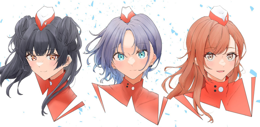 3girls arisugawa_natsuha asakura_tooru black_hair cropped_torso dress earrings eyebrows_visible_through_hair eyelashes hat highres idolmaster idolmaster_shiny_colors jewelry light_purple_hair light_smile looking_at_viewer ma7bell mayuzumi_fuyuko mini_hat multiple_girls orange_hair red_dress simple_background two_side_up voy@ger_(idolmaster)