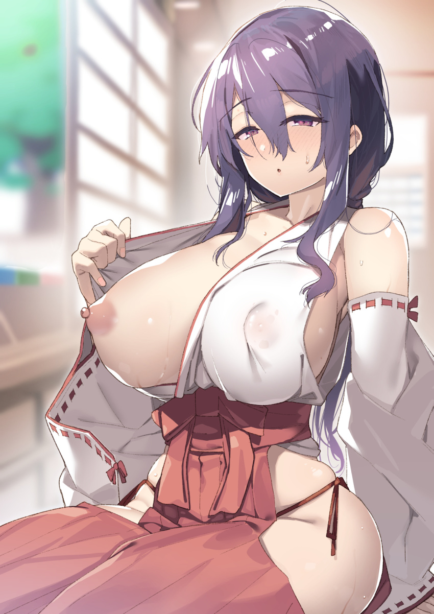 1girl bangs bare_shoulders breasts covered_nipples detached_sleeves hakama hakama_skirt highres hip_vent japanese_clothes large_breasts long_hair looking_at_viewer miko nipples one_breast_out open_mouth original purple_eyes purple_hair red_hakama shayoo skirt solo undressing wide_sleeves