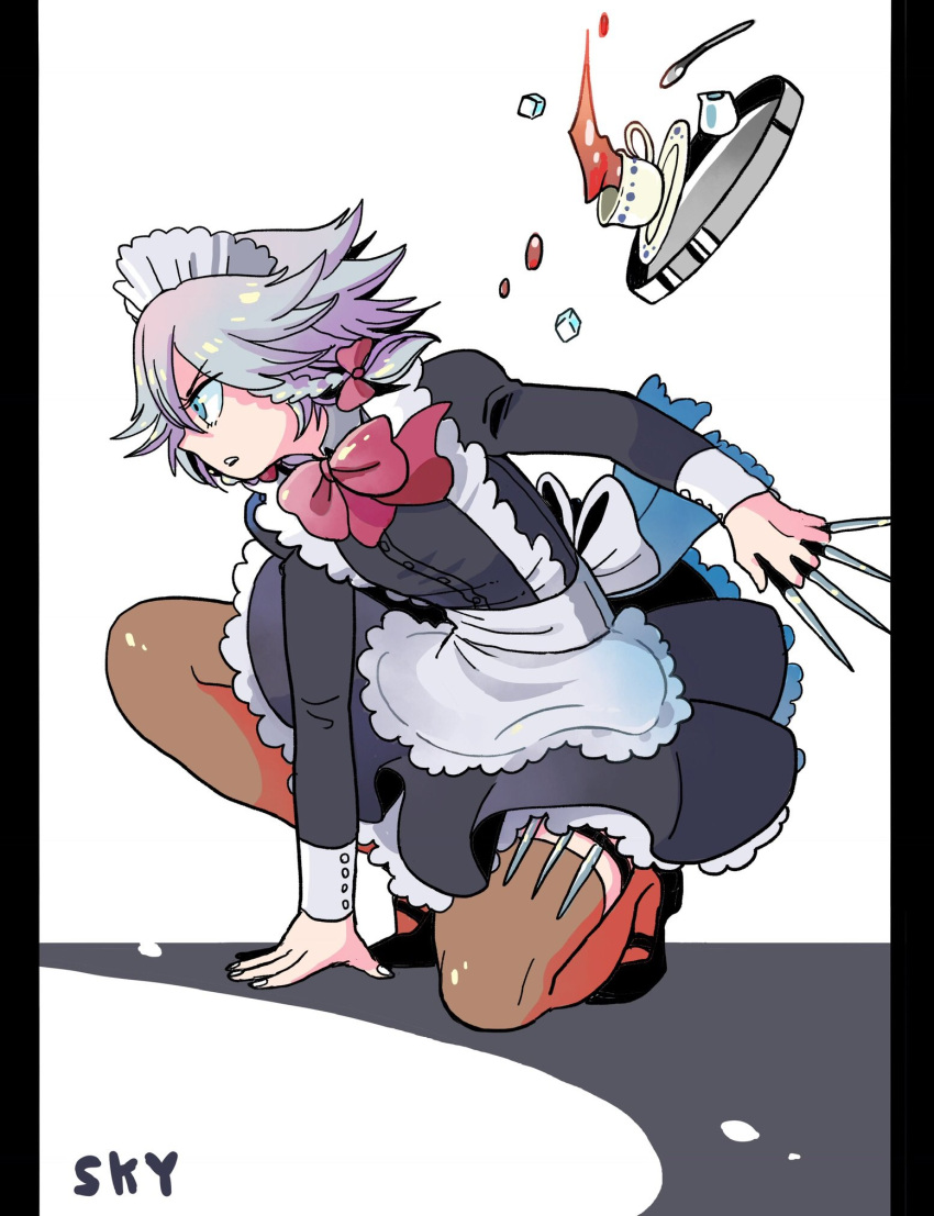 1girl apron arm_up bangs black_footwear black_legwear blue_eyes bow bowtie braid breasts buttons cup fingernails hand_on_ground headdress highres holding holding_knife holster izayoi_sakuya kneeling knife knife_holster knives_between_fingers long_sleeves looking_to_the_side maid maid_apron maid_headdress mary_janes mashuu_masaki medium_breasts open_mouth outline red_bow red_bowtie serious shiny shiny_hair shoes short_hair silver_hair simple_background solo spoon sugar_cube tea teacup thigh_holster thighhighs touhou tray twin_braids v-shaped_eyebrows white_background