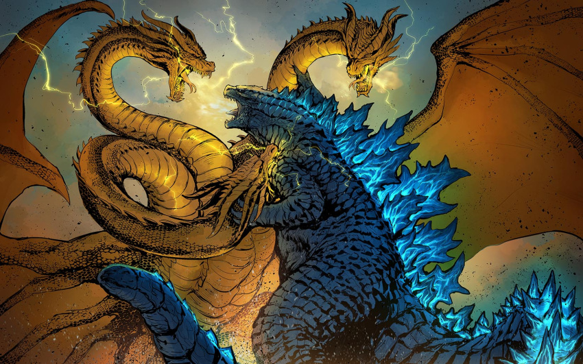 dragon electricity fighting from_side godzilla godzilla:_king_of_the_monsters godzilla_(series) highres king_ghidorah monster no_humans spread_wings zhen_lu