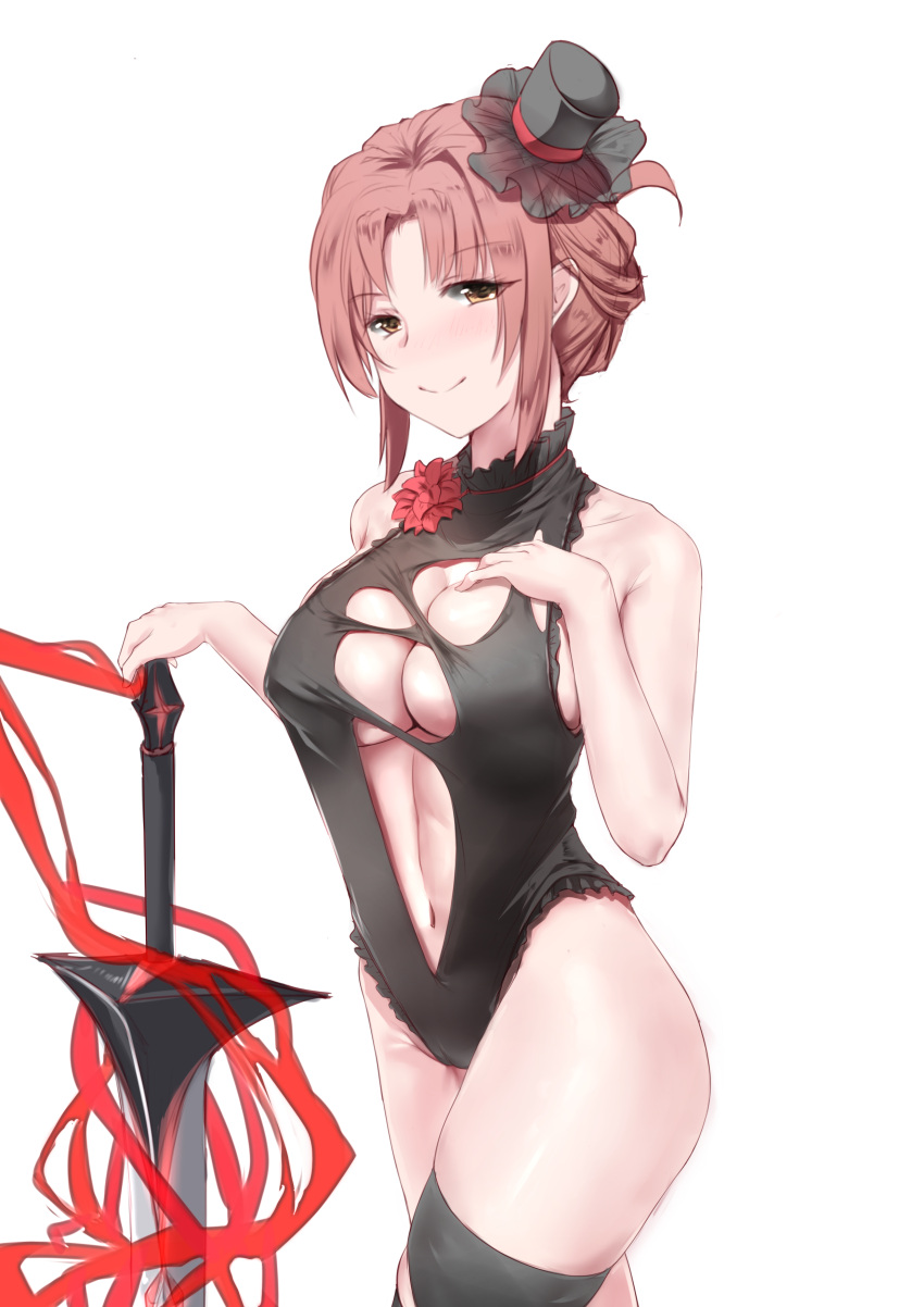 1girl absurdres black_headwear black_legwear black_leotard blush breasts cleavage closed_mouth highres holding holding_sword holding_weapon honkai_(series) honkai_impact_3rd leotard looking_at_viewer murata_himeko murata_himeko_(blood_rose) navel red_hair simple_background single_thighhigh smile solo sword thighhighs tiankong_pie_ai weapon white_background yellow_eyes