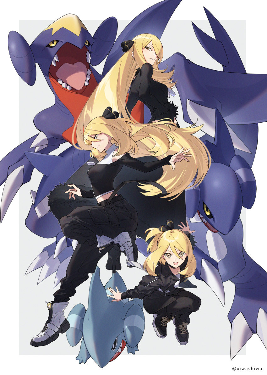 1girl absurdres age_progression bangs black_dress black_footwear boots breasts commentary_request cynthia_(pokemon) dress evolution full_body gabite garchomp gible hand_on_hip highres large_breasts long_hair long_sleeves looking_at_viewer open_mouth pokemon pokemon_(creature) pokemon_(game) pokemon_dppt sharp_teeth shoes short_hair sideways_glance simple_background sneakers teeth white_background white_footwear xia_(ryugo) yellow_eyes younger