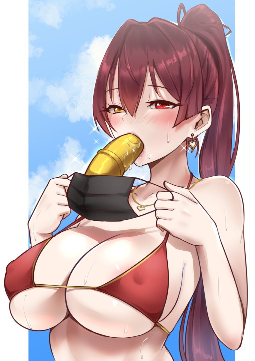 1girl bangs bikini blush breasts earrings fellatio fellatio_under_mask gold_earrings gold_necklace gold_trim hair_between_eyes heart heart_earrings heart_necklace heterochromia highres holding holding_mask hololive houshou_marine in_mouth jewelry large_breasts long_hair mask mouth_mask object_request oral ponytail red_eyes red_hair saliva simulated_fellatio skindentation solo sparkle sweat swimsuit symbol-only_commentary tinnies upper_body very_long_hair virtual_youtuber wet yellow_eyes