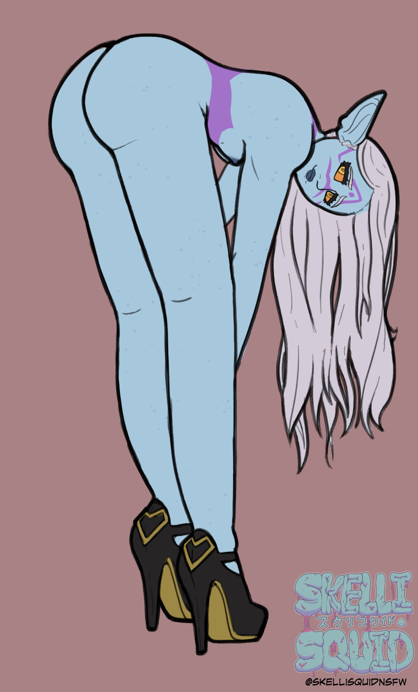 absurd_res blue_body blue_lips blue_nipples blue_skin butt elf female hair hi_res high_heels humanoid humanoid_pointy_ears legs_together lips nipples pose skellisquid tattoo white_hair ych_(character) yellow_eyes yellow_sclera