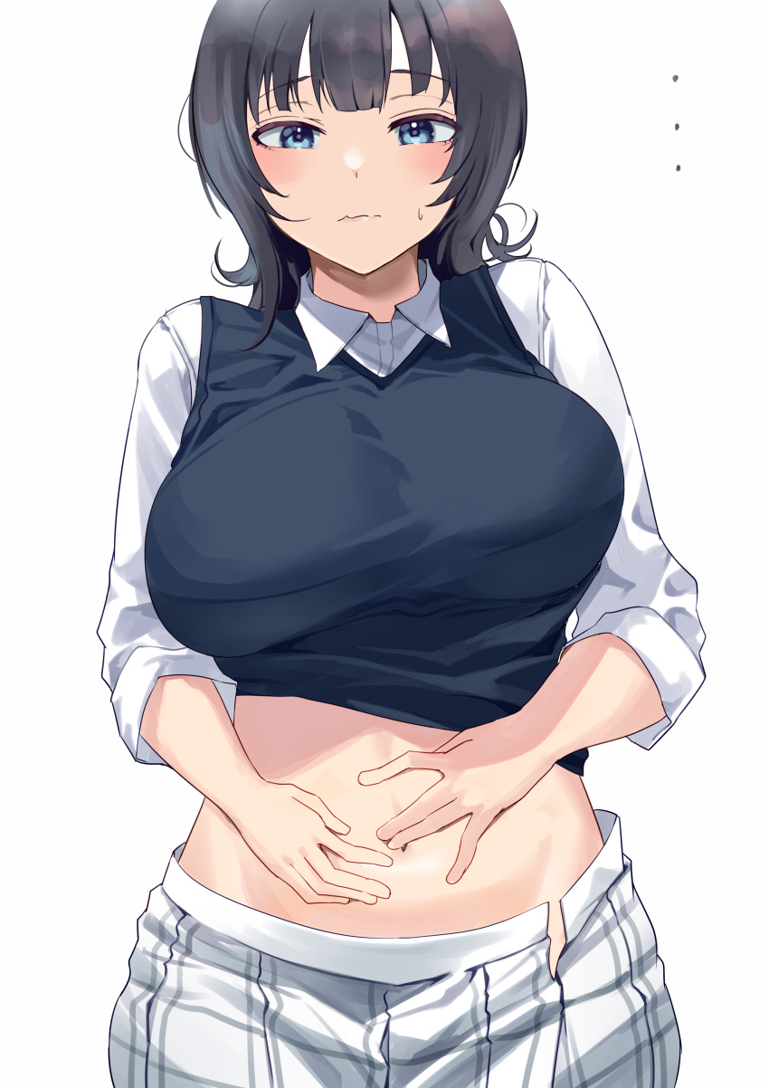 ... 1girl absurdres asaka_karin bangs black_hair blue_eyes blunt_bangs blush breasts cardigan_vest closed_mouth clothes_lift collared_shirt commentary_request hands_on_own_stomach highres large_breasts long_sleeves looking_at_viewer love_live! love_live!_nijigasaki_high_school_idol_club medium_hair namazu_(yamasonson) navel plaid shirt shirt_lift simple_background solo stomach sweatdrop wavy_hair white_background white_shirt
