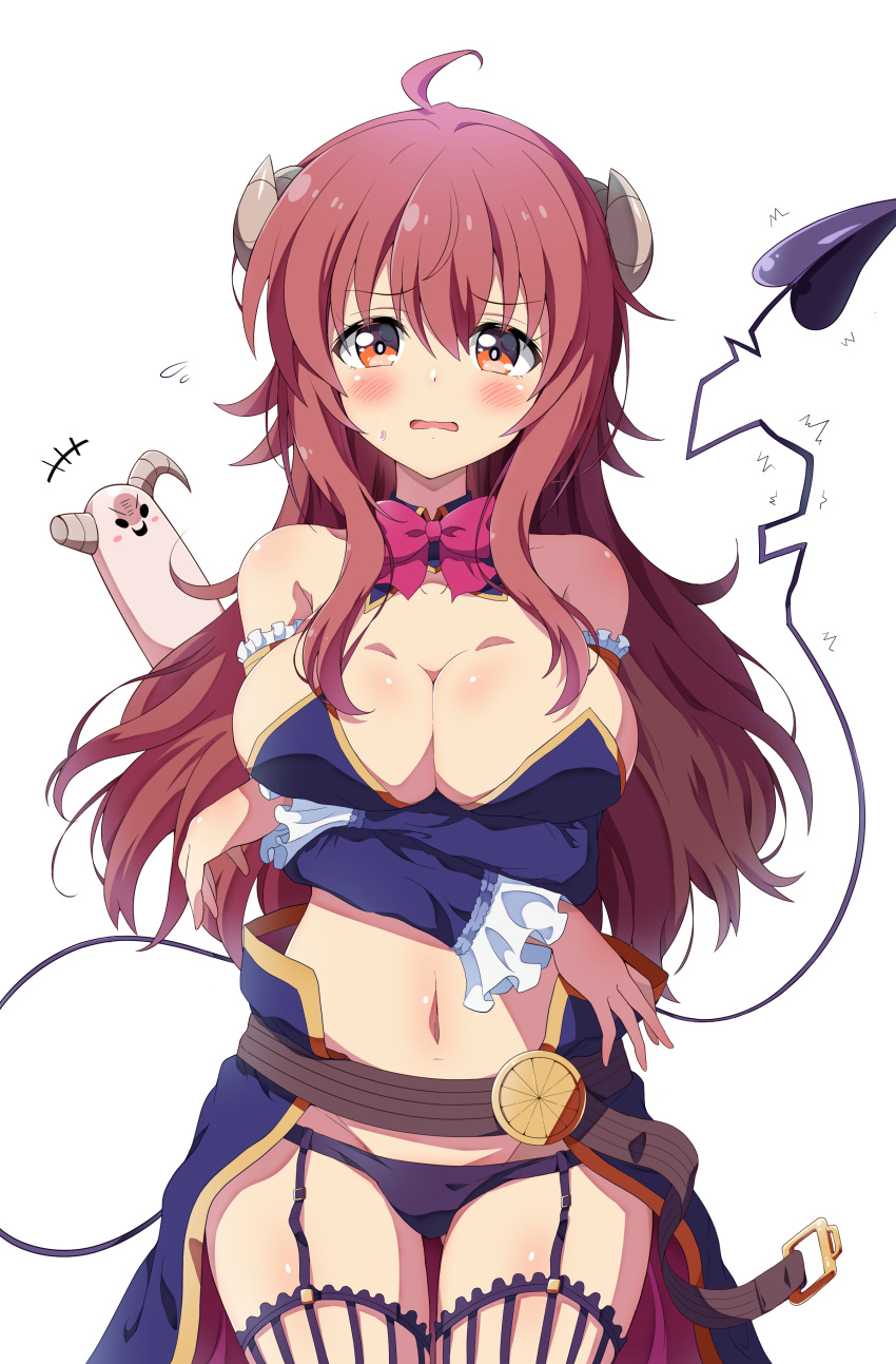1girl absurdres ahoge arm_behind_head arms_under_breasts ass_visible_through_thighs belt belt_buckle black_panties blush bow breasts buckle cleavage commentary curled_horns demon_girl demon_horns demon_tail detached_sleeves eggman_(pixiv28975023) embarrassed eyebrows_visible_through_hair garter_belt highres horns large_breasts lilith_(machikado_mazoku) looking_at_viewer machikado_mazoku navel necktie panties pink_necktie red_eyes red_hair simple_background solo standing stomach tail underwear wavy_mouth white_background yoshida_yuuko_(machikado_mazoku)