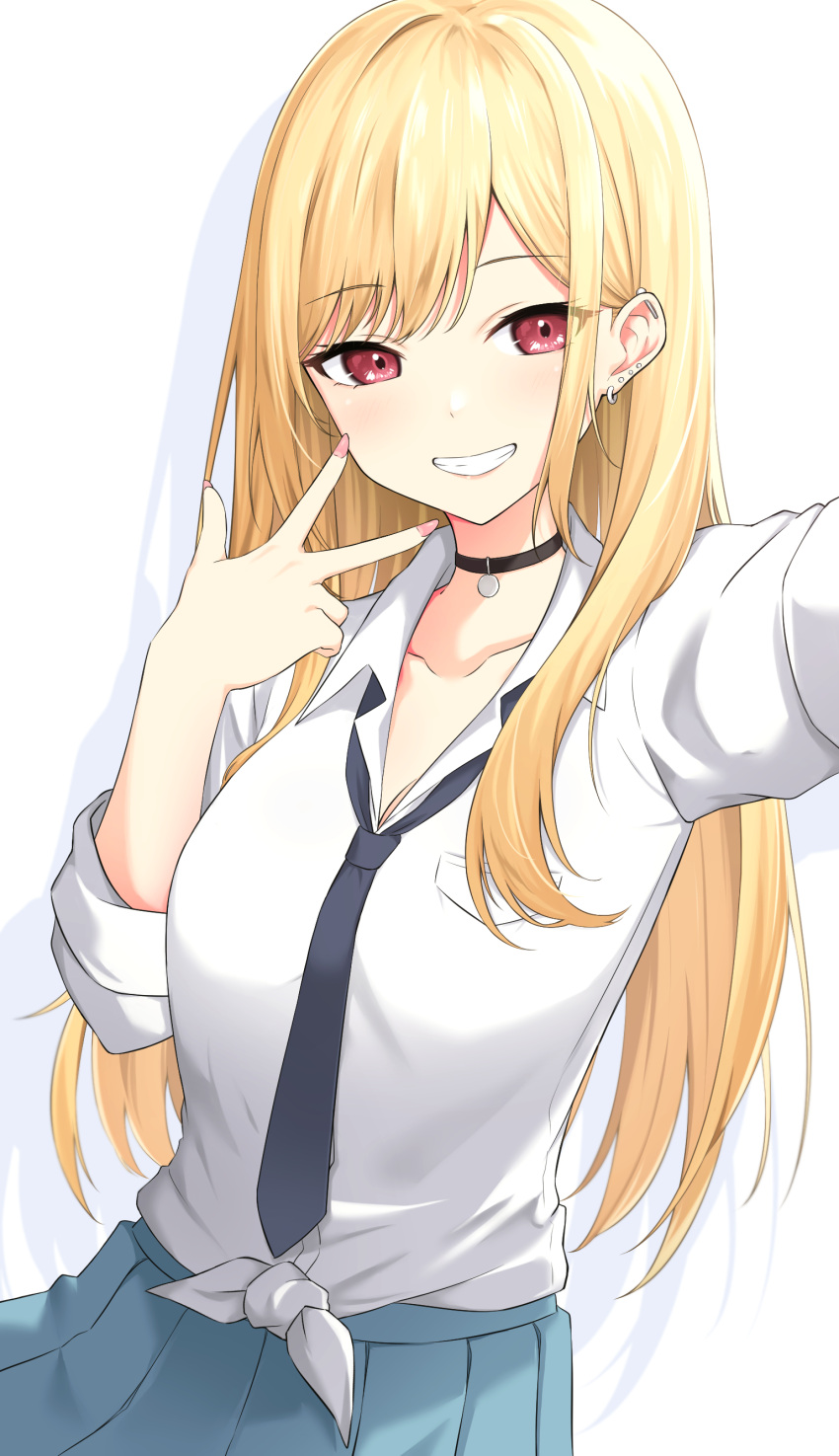 1girl absurdres blonde_hair breasts cleavage collarbone ear_piercing earrings eyebrows_visible_through_hair grin highres jewelry kitagawa_marin looking_at_viewer loose_necktie nail_polish necktie open_collar piercing pleated_skirt red_eyes school_uniform selfie shirt simple_background skirt smile solo sono_bisque_doll_wa_koi_wo_suru tennen_inari tied_shirt w white_background