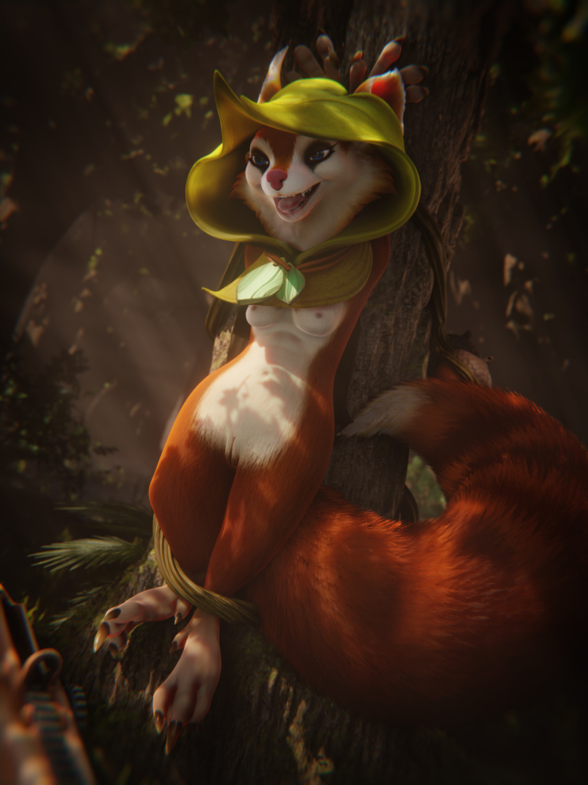 4_fingers abdominal_bulge bound breasts cape claws clothing dota eyelashes feet female feral fingers forest forest_background fur genitals grass hi_res hood hoodwink_(dota) makeup mammal nature nature_background nude outside plant red_body red_fur rodent sciurid solo tail_tuft toes tongue tongue_out tree tree_squirrel tuft video_games vlad-lox white_body