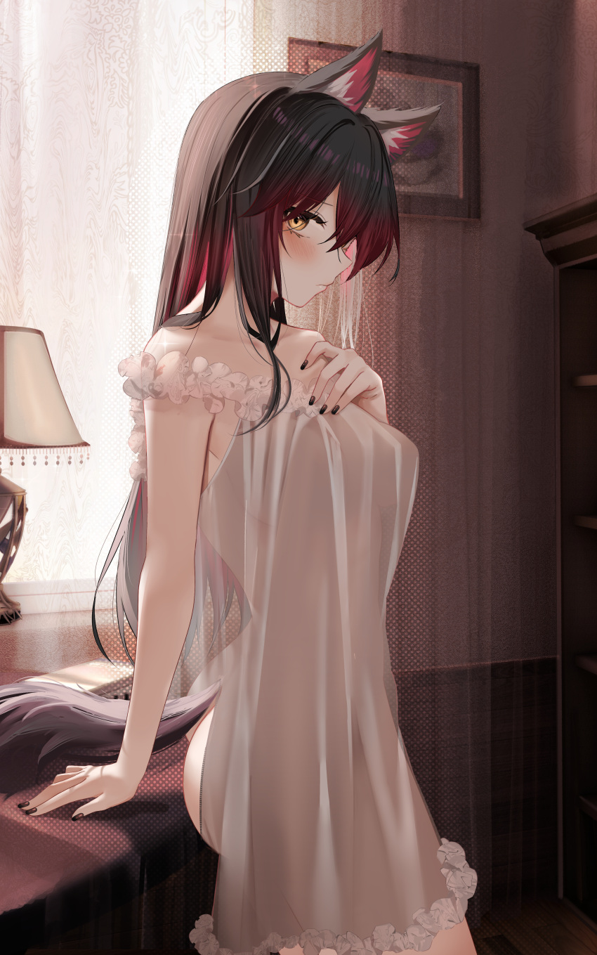 1girl absurdres animal_ear_fluff animal_ears arknights ass bangs black_hair black_nails blush breasts cellphone closed_mouth commission curtains day desk from_side gradient_hair highres lamp long_hair looking_at_viewer looking_to_the_side medium_breasts multicolored_hair nightgown phone picture_frame pixiv_request profile red_hair revision ru_zhai see-through see-through_dress shelf sleepwear smartphone solo straight_hair tail texas_(arknights) window wolf_ears wolf_girl wolf_tail yellow_eyes