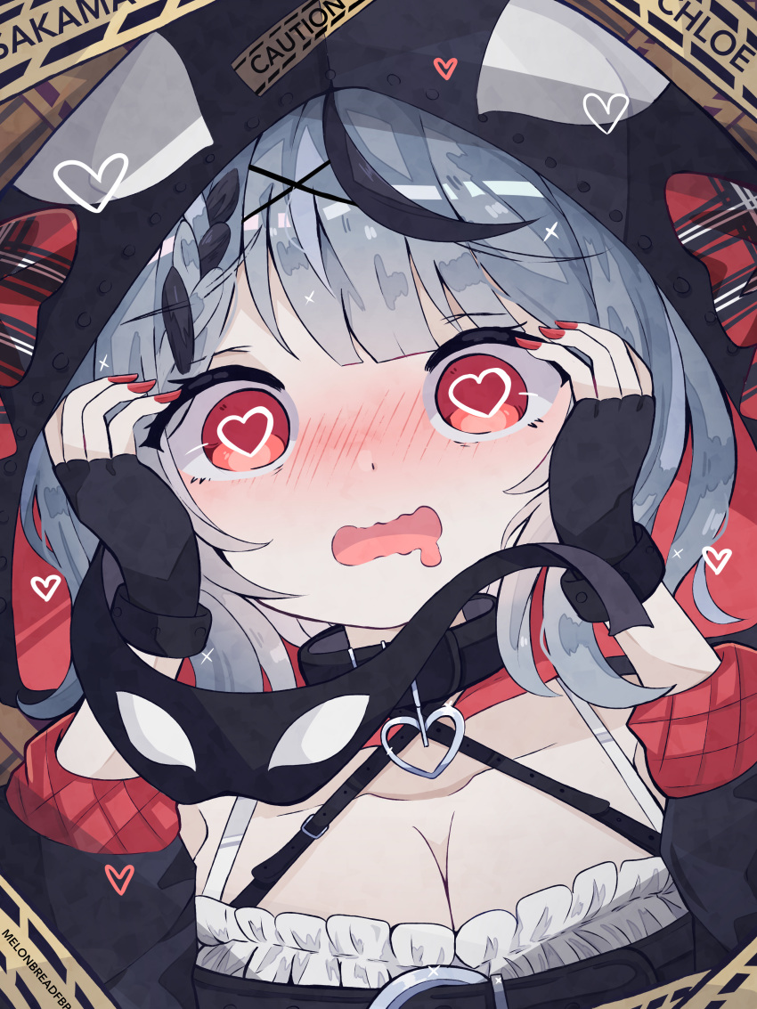 1girl absurdres bangs bare_shoulders belt black_belt black_gloves black_hair blush braid breasts cleavage collar fingerless_gloves gloves hair_ornament heart heart-shaped_pupils highres hololive holox hood long_sleeves looking_at_viewer melonbread multicolored_hair open_mouth red_eyes red_nails sakamata_chloe silver_hair solo streaked_hair symbol-shaped_pupils virtual_youtuber x_hair_ornament