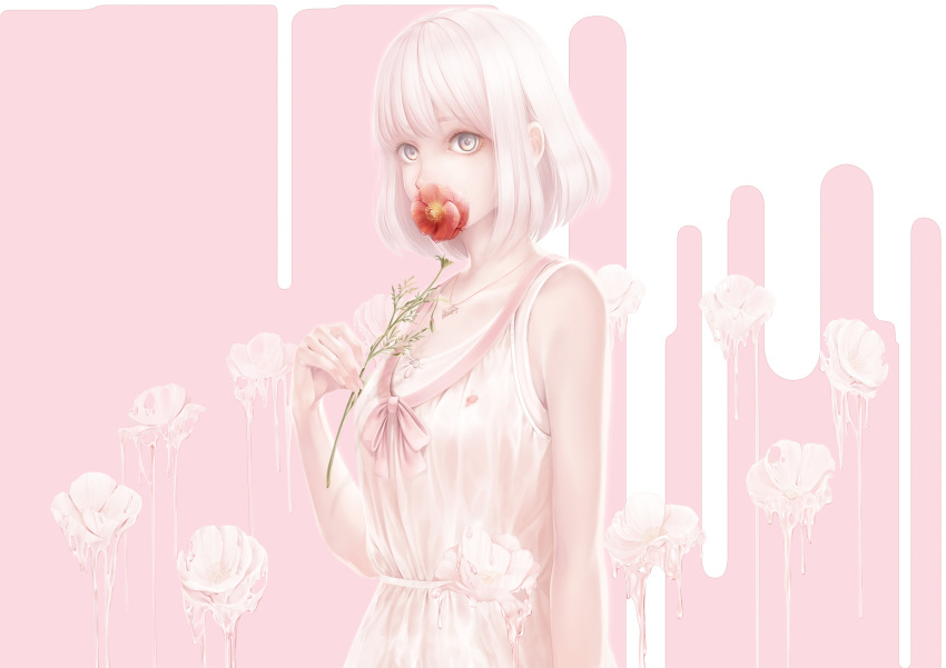 1girl arm_at_side bangs bob_cut bouno_satoshi bow dress flower flower_in_mouth grey_eyes hand_up highres jewelry looking_at_viewer necklace original pink_hair short_hair solo upper_body