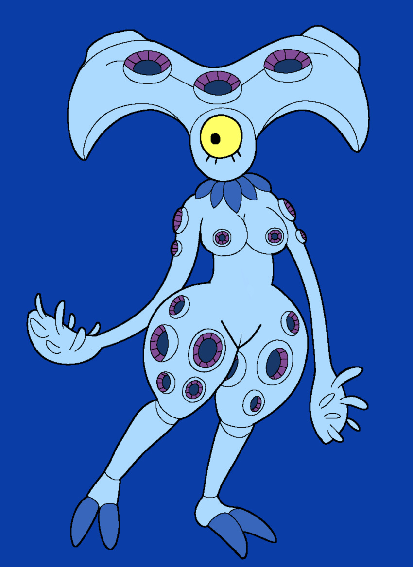 2022 2_toes anonymous_artist anthro anthrofied blue_body breasts casual_nudity cephalopod coleoid digital_drawing_(artwork) digital_media_(artwork) feet female genitals geso-q hi_res jade_cocoon_2 looking_away marine medium_breasts mollusk octopodiform octopus pussy solo standing toes toony wide_hips wide_stance yellow_sclera