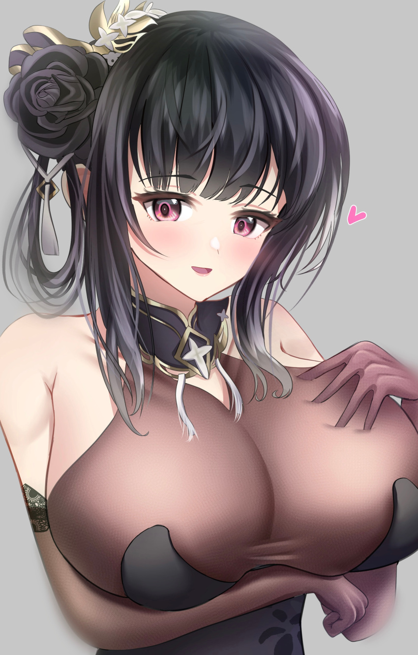 1girl absurdres arm_under_breasts azuma_(sospower73) azur_lane bare_shoulders black_dress black_flower black_hair bodystocking breasts china_dress chinese_clothes dress elbow_gloves eyebrows_visible_through_hair flower gloves grey_background hair_flower hair_ornament hand_on_own_chest heart highres huge_breasts lace-trimmed_gloves lace_trim long_hair looking_at_viewer official_alternate_costume pink_eyes see-through simple_background sleeveless sleeveless_dress solo taut_clothes taut_dress upper_body zhenhai_(azur_lane) zhenhai_(vestibule_of_wonders)_(azur_lane)