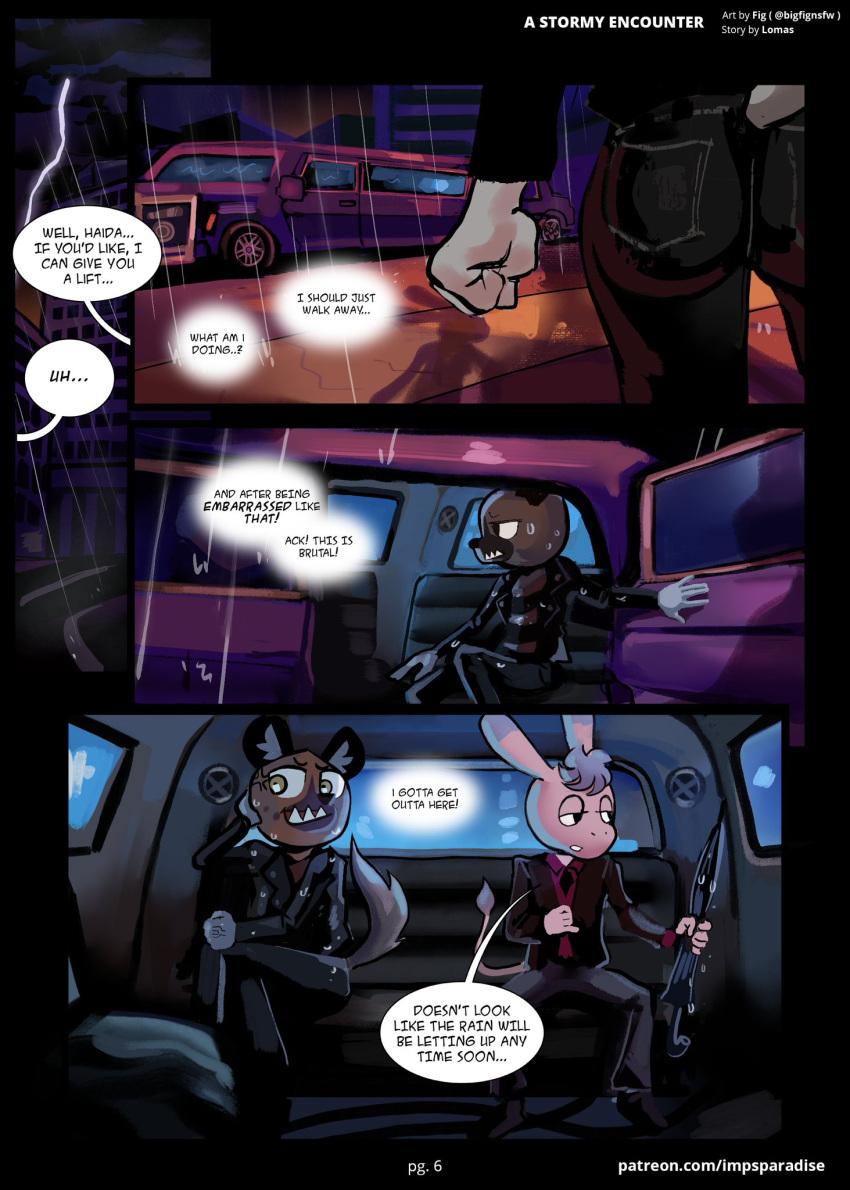 aggressive_retsuko anthro asinus big-fig black_bottomwear black_clothing black_jacket black_pants black_suit black_topwear blue_hair bottomwear brown_body brown_fur business_suit butt canid canine car city clothed clothing comic cross-popping_vein crossed_legs denim denim_clothing detailed_background dialogue digital_media_(artwork) donkey duo english_text equid equine fingers fist fur haida hair hi_res hyaenid inside_car jacket jeans leather leather_clothing leather_jacket leather_topwear limousine luxury_car male male/male mammal necktie night outside pants pattern_clothing pattern_shirt pattern_topwear public public_transportation raining rear_view red_clothing red_shirt red_topwear sanrio sharp_teeth shirt sitting speech_bubble spotted_hyena striped_clothing striped_shirt striped_topwear stripes suit tadano_(aggretsuko) teeth text thunder topwear underbite vehicle vehicle_for_hire wet white_body white_fur