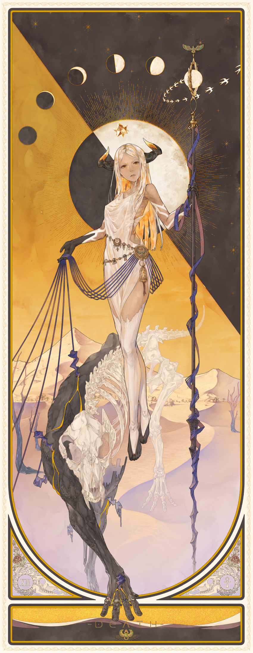 1girl absurdres arm_at_side bouno_satoshi card_(medium) death_(tarot) demon dress floating hand_up highres holding holding_staff horns long_hair looking_at_viewer midair monster original silver_hair skeleton skull solo staff tarot thighhighs yellow_eyes