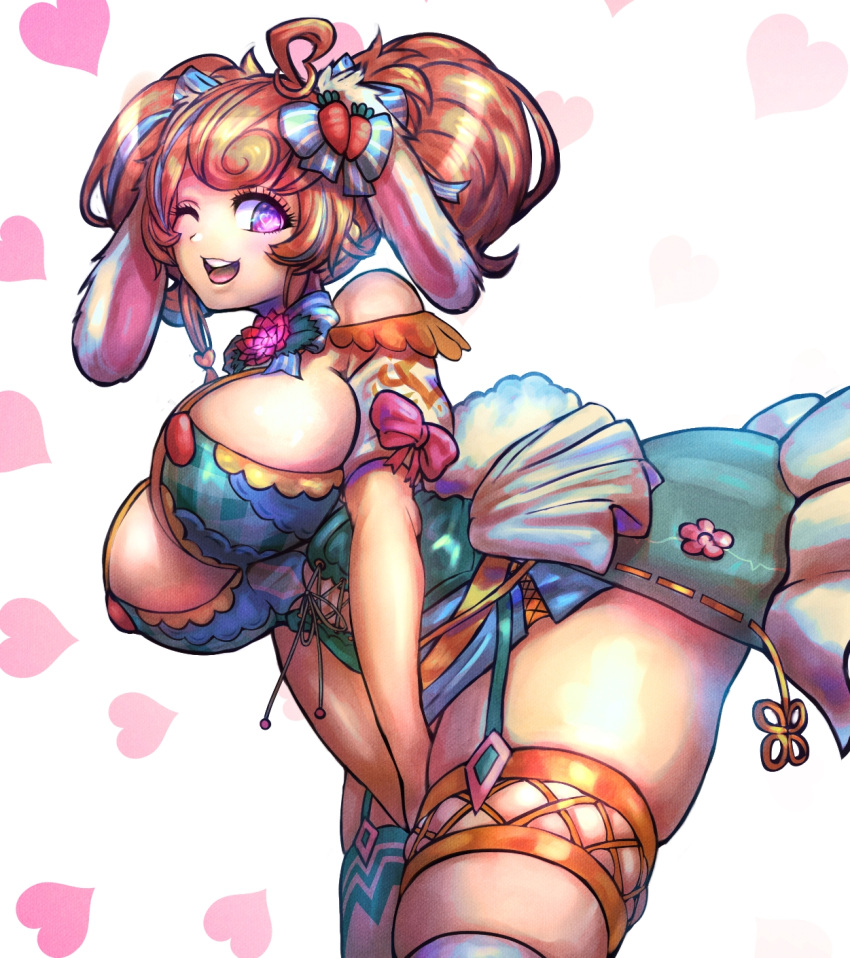 1girl ahoge animal_ears asymmetrical_legwear between_breasts between_legs blue_bow blue_dress blush bodice bonnie_(bunny_gif) bow breasts bunny_ayumi bunny_ayumi_(vtuber) carrot_hair_ornament colored_shadow commentary corset cowboy_shot cross-laced_clothes cross-laced_top dgrp_(minhduc12333) double_bun dress english_commentary eyebrows_visible_through_hair finger_to_mouth floppy_ears food-themed_hair_ornament garter_belt gold_trim hair_between_eyes hair_bow hair_ornament hand_between_legs heart heart_eyes heart_hair_ornament highres indie_virtual_youtuber komatsuzaki_rui_(style) large_breasts looking_at_viewer off-shoulder_dress off_shoulder one_eye_closed open_mouth orange_hair own_hands_together plaid rabbit_ears rabbit_girl rabbit_tail real_life shadow short_hair short_sleeves short_twintails sideboob sidelocks signature simple_background skindentation smile smiley_face solo standing striped striped_bow tail thank_you thick_thighs thighhighs thighs twintails two-tone_bow underbust uneven_legwear valentine virtual_youtuber white_background white_bow