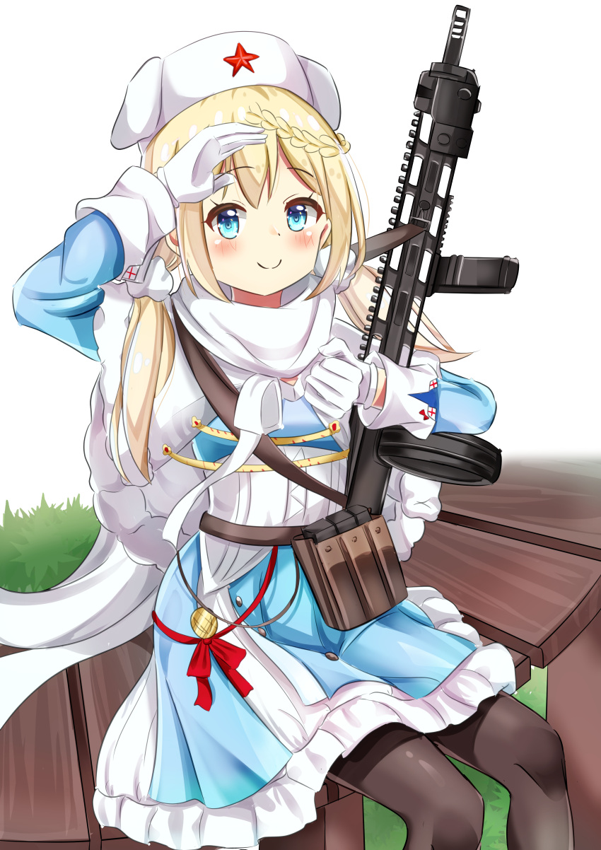 1girl absurdres ammunition_pouch bangs black_legwear blonde_hair blue_coat blue_eyes blush braid closed_mouth coat eyebrows_visible_through_hair feet_out_of_frame girls'_frontline gloves gun hair_ornament hairclip highres holding holding_gun holding_weapon long_hair looking_at_viewer low_twintails mod3_(girls'_frontline) mutugorou_u pantyhose papakha pouch ppsh-41 ppsh-41_(girls'_frontline) red_star salute scarf sitting sitting_on_bench smile solo submachine_gun twintails weapon white_gloves white_headwear white_scarf