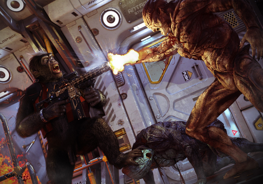 3d_(artwork) alien anthro ape blood bodily_fluids chimpanzee cyberpunk digital_media_(artwork) fight flaccid fur genitals group haplorhine hi_res huskyman huskyman24 male mammal penis primate science_fiction shooting unknown_species