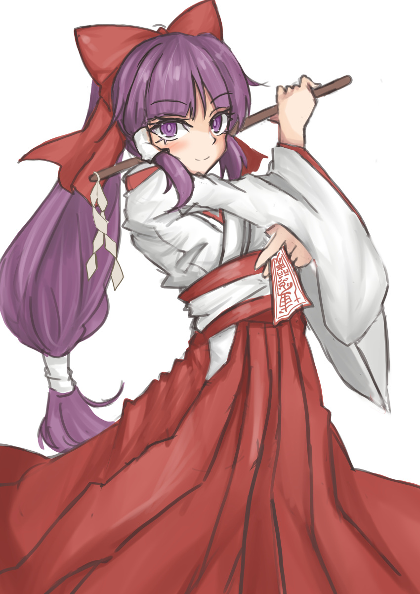 1girl absurdres ascot bow gohei hair_bow hair_tubes hakurei_reimu hakurei_reimu_(pc-98) highres japanese_clothes kuraki long_hair md5_mismatch miko purple_eyes purple_hair ribbon simple_background skirt smile solo touhou touhou_(pc-98) white_background wide_sleeves