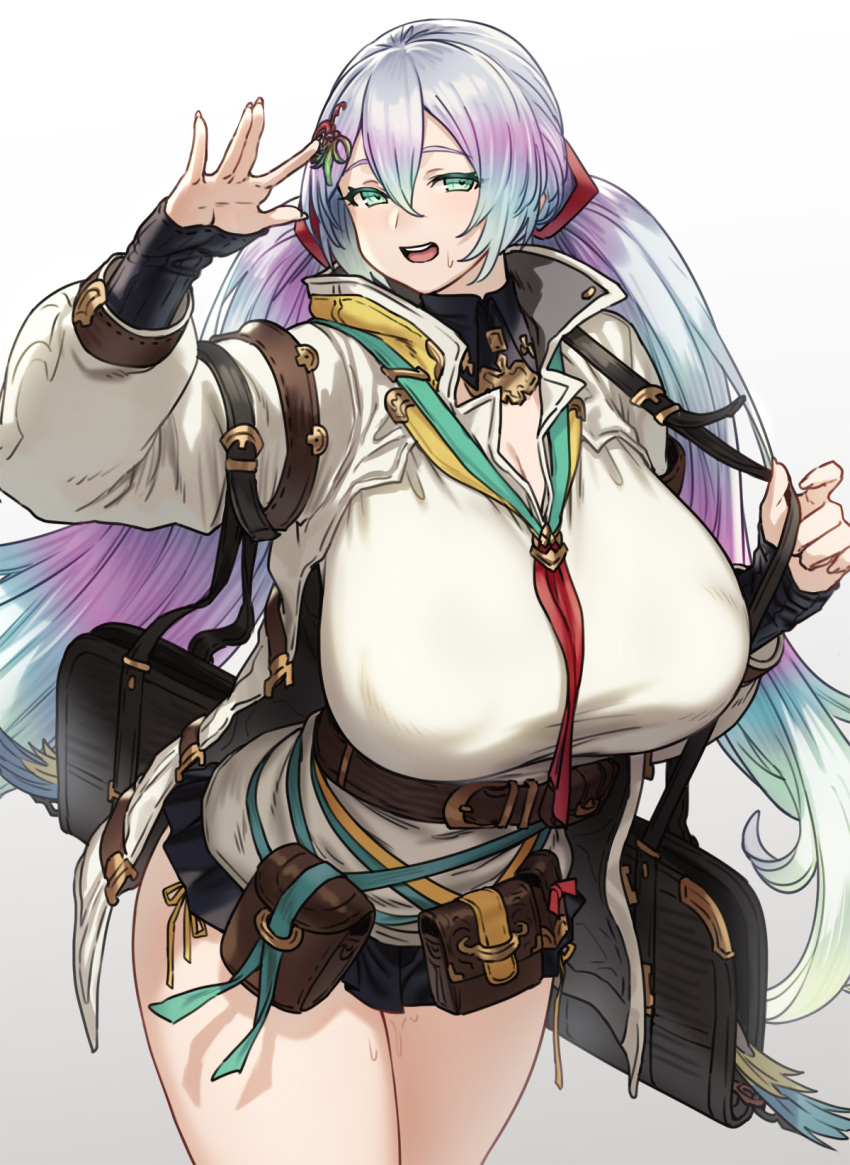 1girl aqua_eyes aqua_hair bag belt breasts brown_belt cleavage cupitan_(granblue_fantasy) detached_collar gradient gradient_background granblue_fantasy grey_background hair_between_eyes hair_ornament hand_up highres holding holding_bag houtengeki huge_breasts long_hair looking_at_viewer multicolored_hair open_mouth purple_hair rainbow_hair red_neckwear shirt silver_hair solo sweat teeth thighs twintails upper_teeth white_background white_shirt