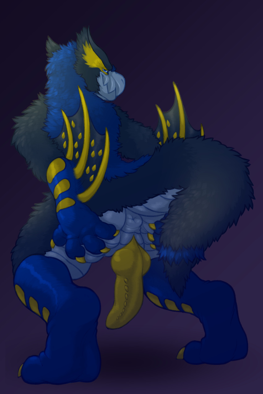 absurd_res animal_genitalia anthro anus blue_body blue_eyes blue_hair blue_skin capcom dragon fetishame fluffy fluffy_tail flying_wyvern genitals grey_body hair hand_on_butt hi_res knot looking_back male mane monster_hunter nargacuga penis raised_tail scales sheath solo spines spreading video_games winged_arms wings wyvern yellow_penis