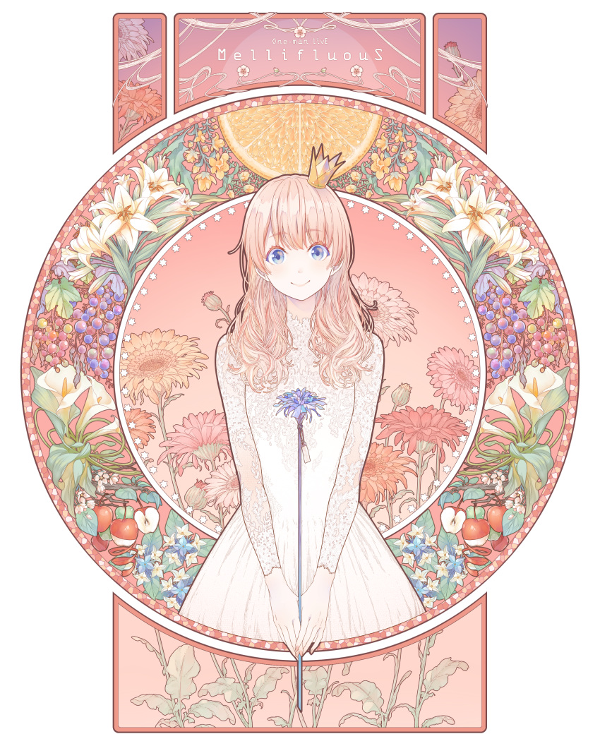 1girl absurdres apple art_nouveau bangs blue_eyes bouno_satoshi closed_mouth crown dress eyebrows_visible_through_hair flower food fruit grapes highres lily_(flower) long_hair looking_at_viewer mini_crown original own_hands_together pink_hair smile solo