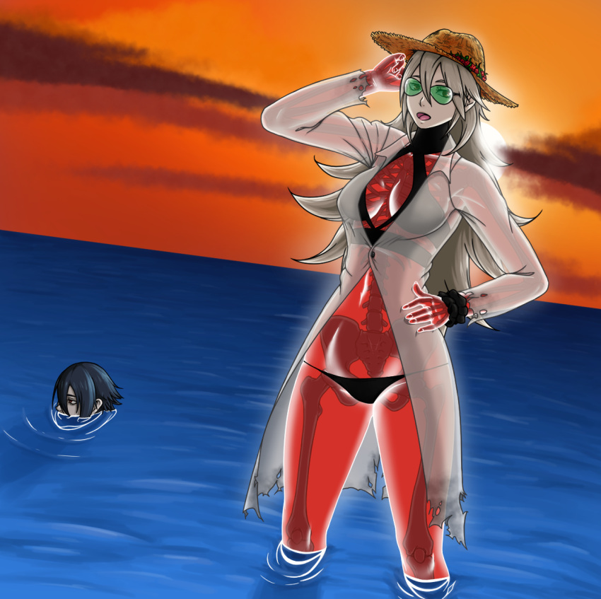 1boy 1girl :d bikini black_bikini breasts coat commission commissioner_upload fire_emblem fire_emblem_heroes hat highres lif_(fire_emblem) navel ocean open_mouth partially_submerged randomfacelessnobody see-through skeleton smile sunglasses sunset swimsuit thrasir_(fire_emblem) translucent_skin water