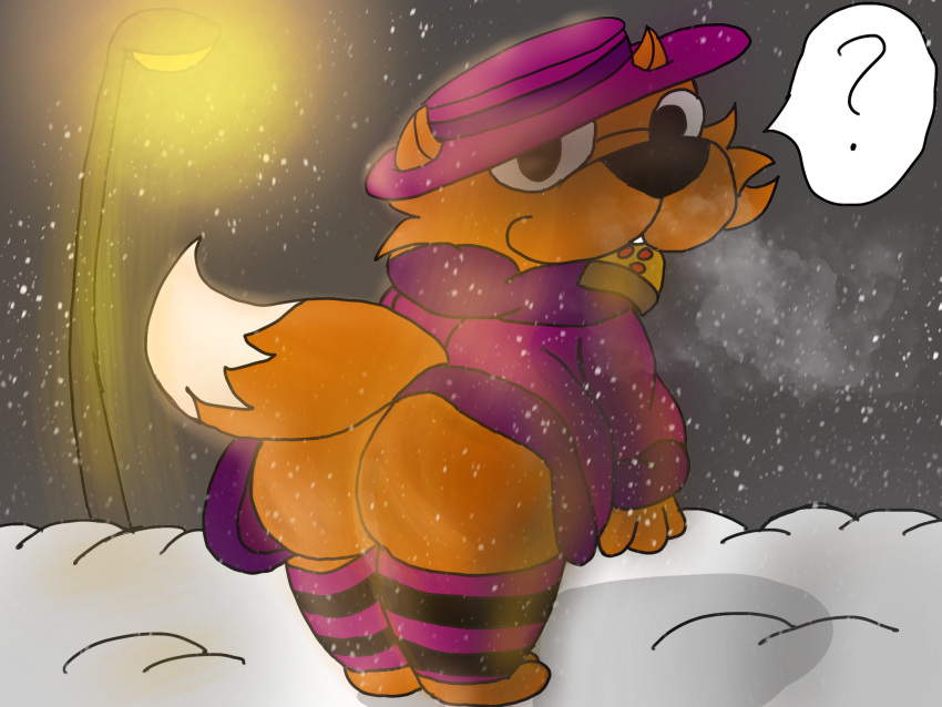 anthro big_penis breath canid canine clothing detailed_background detailed_shading food fox fur genitals grey_background hi_res jay_(jaythefox333) jaythefox333 legwear light looking_at_viewer male mammal orange_body orange_fur penis pizza purple_clothing shadow short_stack simple_background snow solo thigh_highs